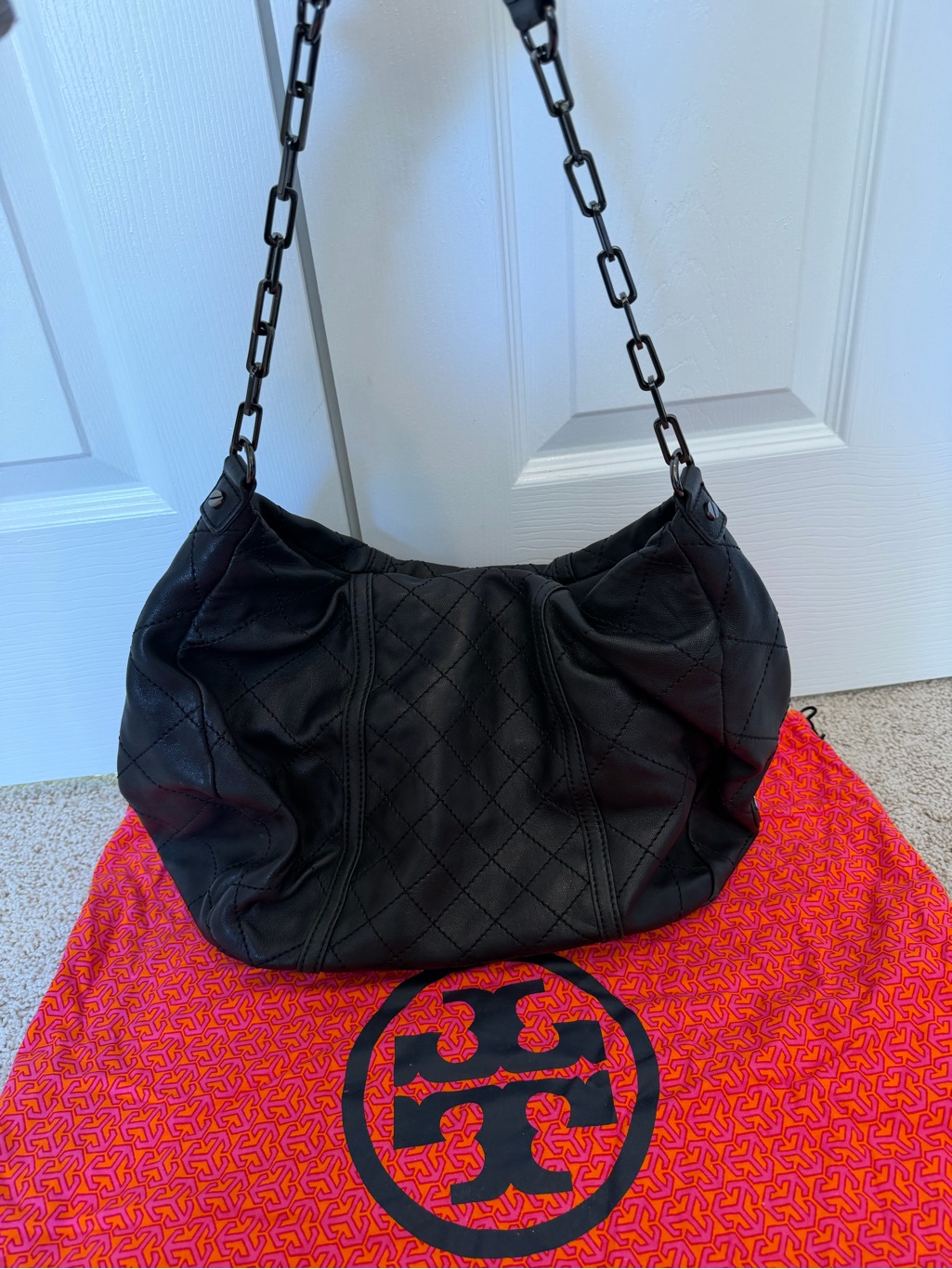 Tory Burch Black Quilted Leather Marion Slouchy Hobo Chain Shoulder Bag